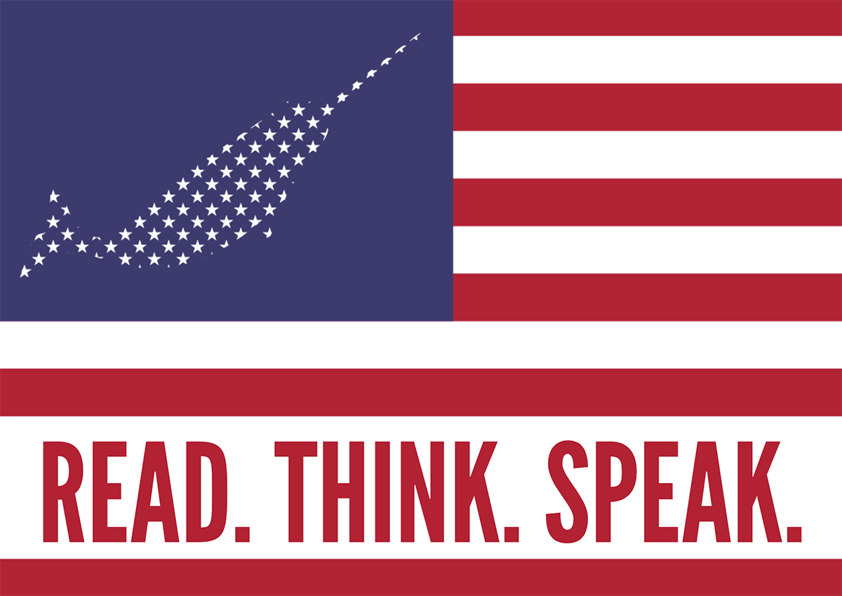 A flag with red and white stripes and a blue rectangle with the text: Read. Think. Speak.